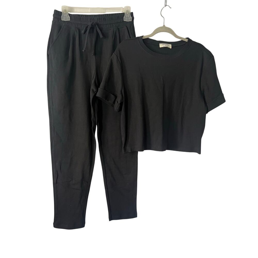 Zenana Women's Cotton Black Set Joggers & Short Sleeve Top NWT